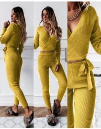 Дамски комплект блуза и панталон рипс в цвят горчица - код 1177